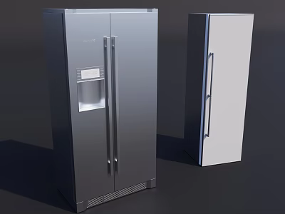 Modern Kitchen Appliances Silver Double Door Refrigerator With Water Dispenser And White Single Door Unit 3d model