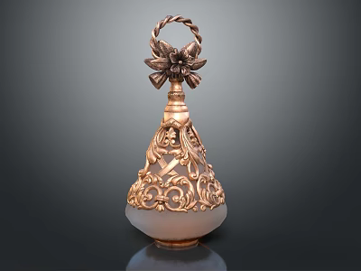 Elegant Vintage Perfume Bottle With Carved Glass Body And Floral Metal Top 3d model