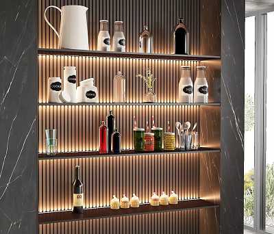 Modern Cup Display on Layered Illuminated Shelf with Decorative Bottles and Candles 3d model