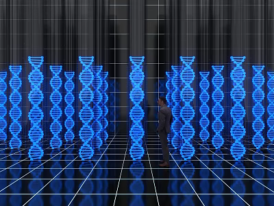Person Standing Among Illuminated Blue DNA Structures In Futuristic Grid Floor Setting 3d model
