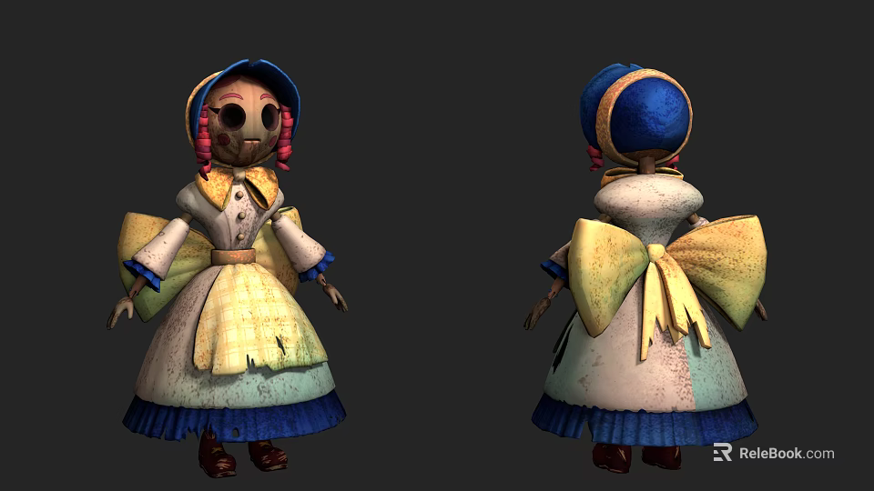 Game Movie Character Vintage Doll With Skeleton Head Pink Braids Yellow Bow And Blue Dress 3d model 