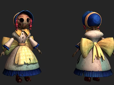 Game Movie Character Vintage Doll With Skeleton Head Pink Braids Yellow Bow And Blue Dress 3d model