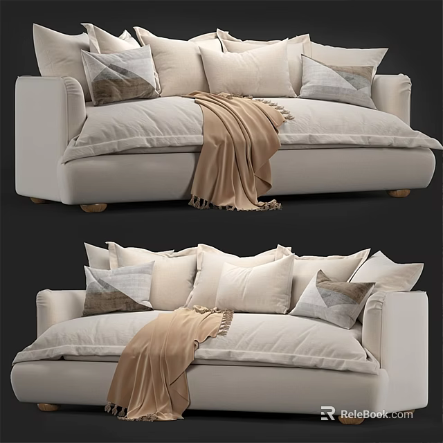 Modern Cream Multi Seater Sofa With Soft Pillows And Brown Throw Blanket 3d model