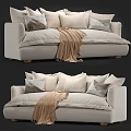 Modern Cream Multi Seater Sofa With Soft Pillows And Brown Throw Blanket 3d model