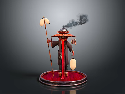 A Man Wearing Traditional Hat With Smoke Holding Lantern And Staff On Red Base 3d model