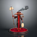 A Man Wearing Traditional Hat With Smoke Holding Lantern And Staff On Red Base