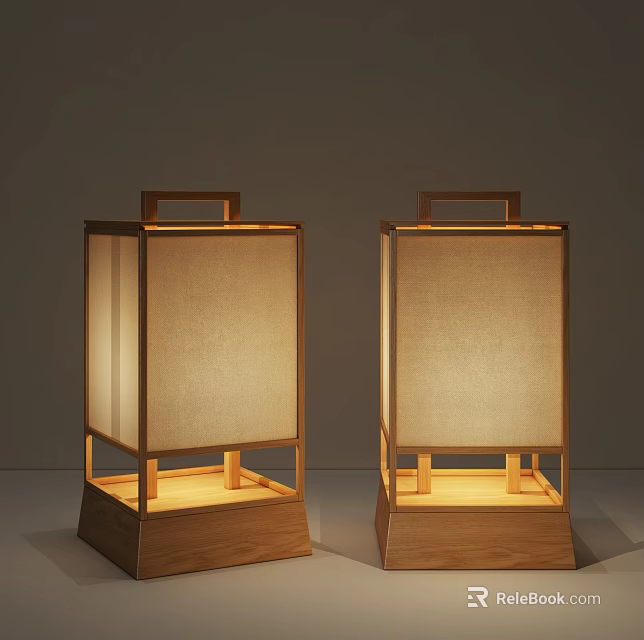 Two Wooden Frame Table Lamps With Fabric Shade And Warm Lighting For Home Decor 3d model 