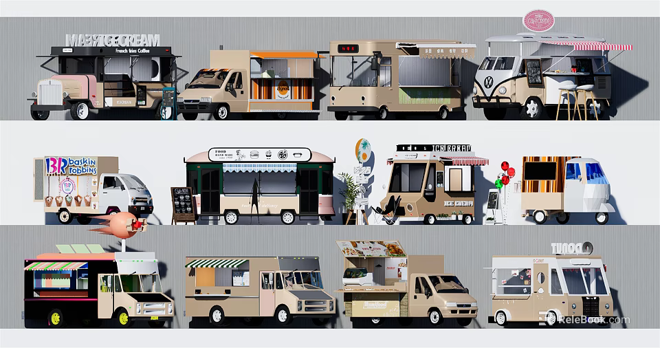 Variety Of Food Trucks For Mobile Catering Business 3d model 