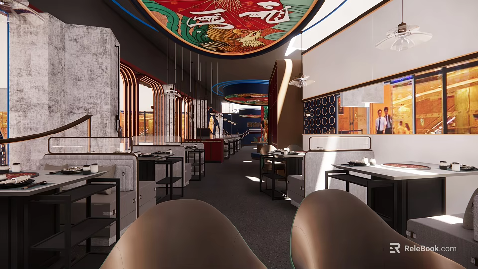 Hot Pot Restaurant Modern Interior With Artistic Ceiling Decor And Comfortable Seating 3d model