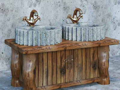 Natural Rustic Wooden Vanity With Double Stone Textured Washbasins And Golden Faucets 3d model