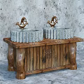Natural Rustic Wooden Vanity With Double Stone Textured Washbasins And Golden Faucets