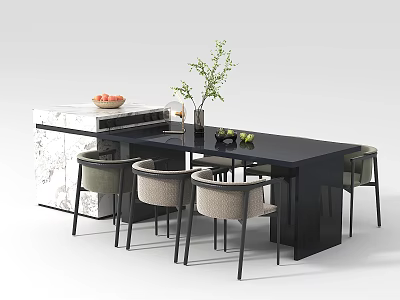 Modern Dining Table Set with Black Tabletop Upholstered Chairs Marble Island Fruit Bowl Green Plant 3d model