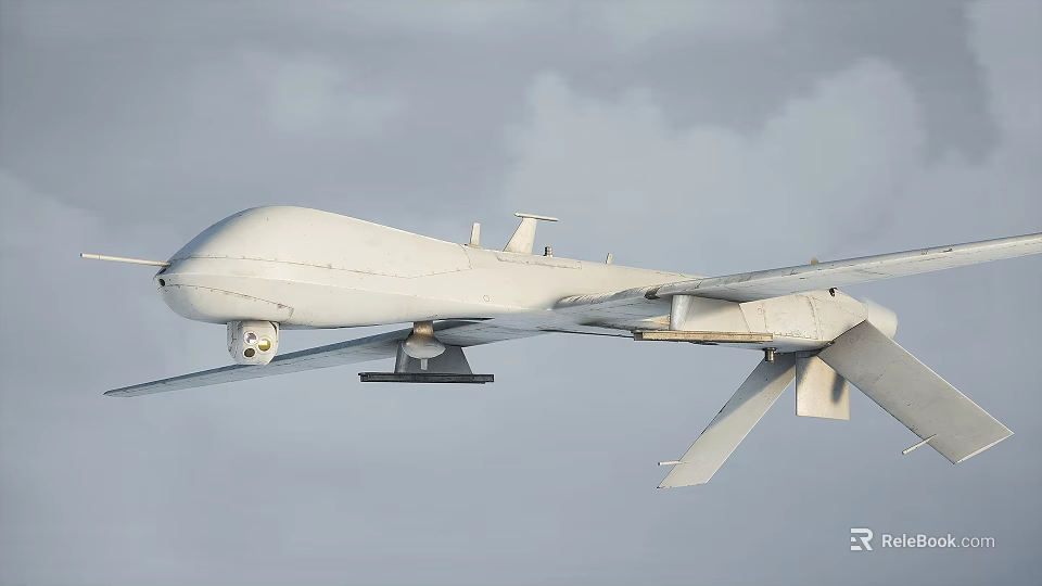 White Unmanned Fighter Drone Flying High In Sky With Long Wings And Payload 3d model 
