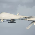 White Unmanned Fighter Drone Flying High In Sky With Long Wings And Payload