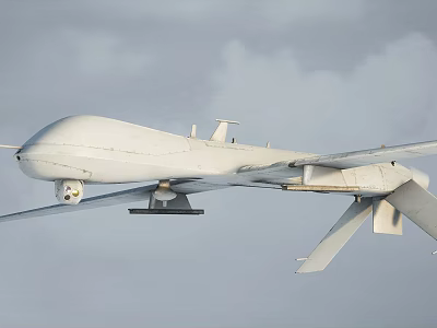 White Unmanned Fighter Drone Flying High In Sky With Long Wings And Payload 3d model