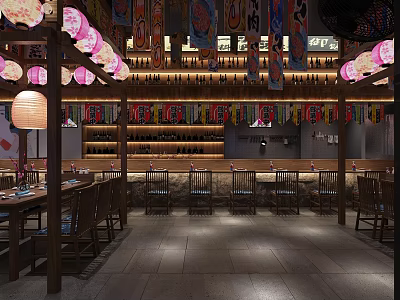 Japanese Style Restaurant Interior Featuring Wooden Tables Chairs Hanging Lanterns Colorful Banners And Wine Shelves 3d model