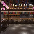 Japanese Style Restaurant Interior Featuring Wooden Tables Chairs Hanging Lanterns Colorful Banners And Wine Shelves