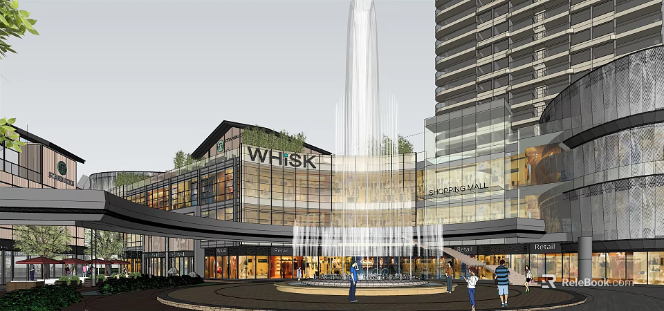 Vibrant Commercial Street Featuring Shopping Areas Central Fountain Tall Buildings and Pedestrians 3d model 