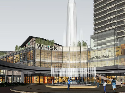 Vibrant Commercial Street Featuring Shopping Areas Central Fountain Tall Buildings and Pedestrians 3d model