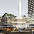 Vibrant Commercial Street Featuring Shopping Areas Central Fountain Tall Buildings and Pedestrians