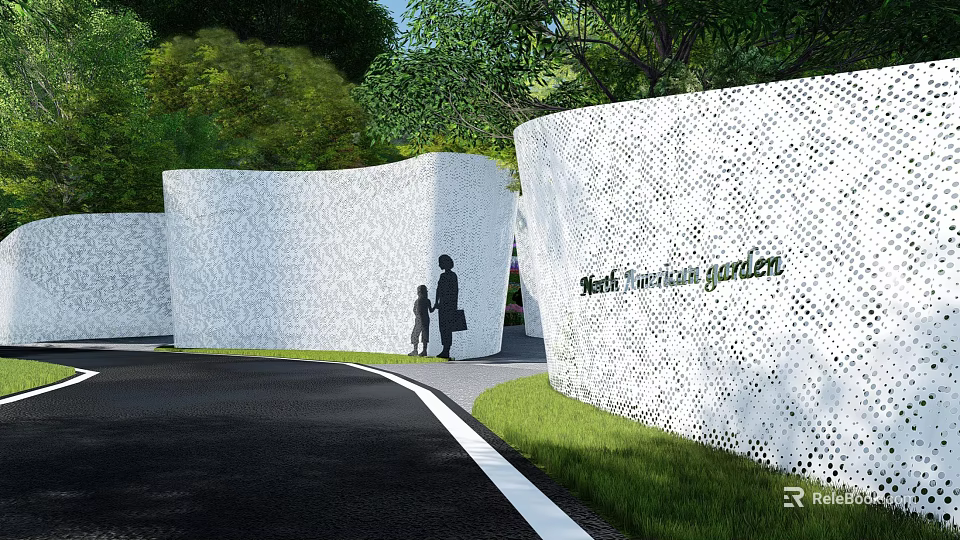 Perforated White Feature Wall In South Fountain Garden With Greenery And People Walking 3d model 