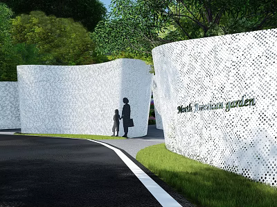 Perforated White Feature Wall In South Fountain Garden With Greenery And People Walking 3d model