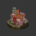 Scenic Miniature Landscape With Red Orange Buildings Tower Balcony Vines Water And Boat