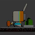 Square Robot Character with Pink Rabbit Ears and Green Cactus Plant on Display Platform
