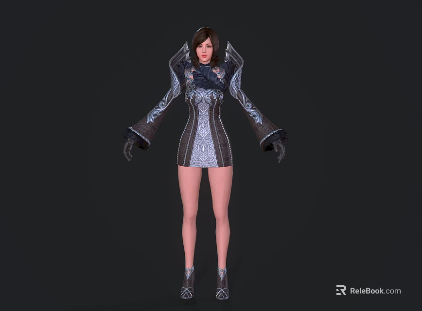 Game and Movie Female Character in Silver Black Armor with Intricate Details and High Heels 3d model 