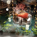 Traditional Chinese Restaurant With Red Carp Decoration Hanging Lanterns Pond Lotus Pavilion And Misty Ambiance
