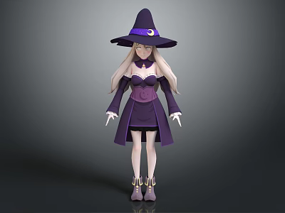Magical Game Movie Character With Witch Hat Purple Ribbon Long Blonde Hair And Purple Outfit 3d model