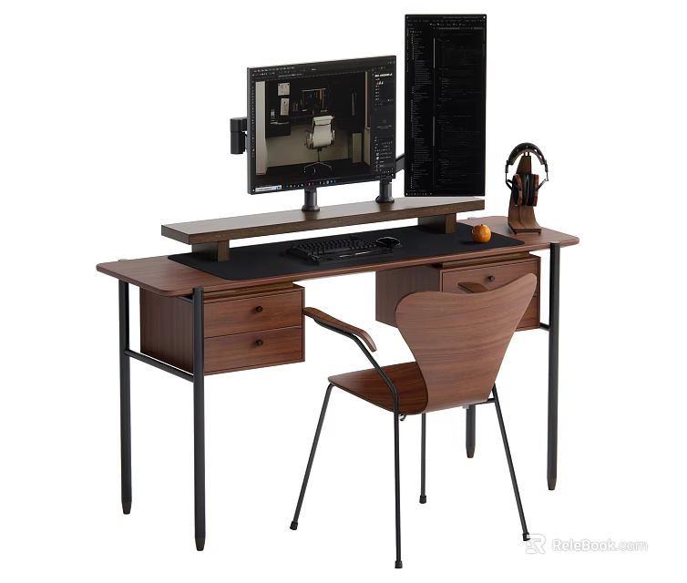 Wooden Desk with Computer Monitor Drawers Chair and Stationery Organizer Setup 3d model 