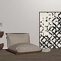 Beige Cushion Floor Lounge Chair With Wooden Side Table And Black White Geometric Wall Art