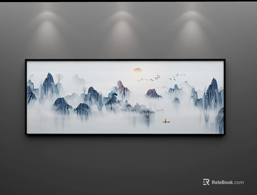 Traditional Chinese Landscape Painting With Misty Mountains Rising Sun Birds And Small Boat 3d model 