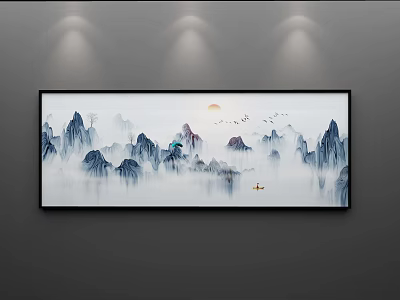 Traditional Chinese Landscape Painting With Misty Mountains Rising Sun Birds And Small Boat 3d model