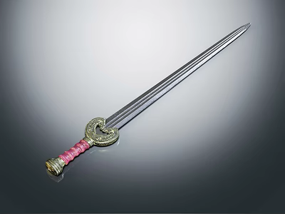 Traditional Sword With Silver Blade Red Wrapped Hilt And Golden Decorations 3d model