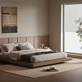 Modern Minimalist Bedroom Interior With Wooden Bed Frame Neutral Pillows Natural Rug And Potted Plant