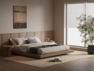 Modern Minimalist Bedroom Interior With Wooden Bed Frame Neutral Pillows Natural Rug And Potted Plant 3d model