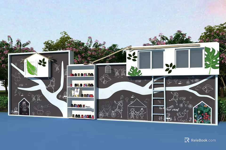 Building Exterior Wall With Hand Drawn Treehouse Patterns White Gray Birdhouse Bookshelf Ladder Green Plants 3d model 