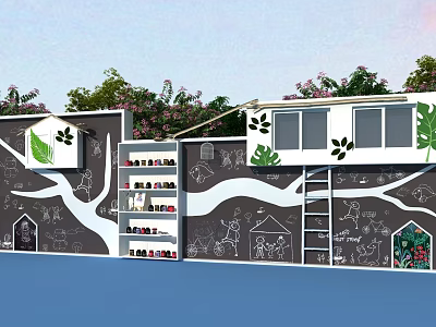Building Exterior Wall With Hand Drawn Treehouse Patterns White Gray Birdhouse Bookshelf Ladder Green Plants 3d model