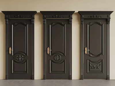 Classic Black Security Doors with Intricate Carved Designs and Golden Handles 3d model