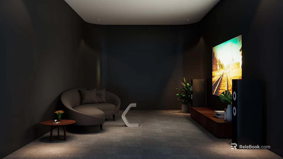 Modern Home Theater Room With Large Screen TV Curved Sofa Dark Walls Grey Carpet And Speakers 3d model 