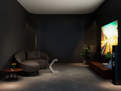 Modern Home Theater Room With Large Screen TV Curved Sofa Dark Walls Grey Carpet And Speakers 3d model