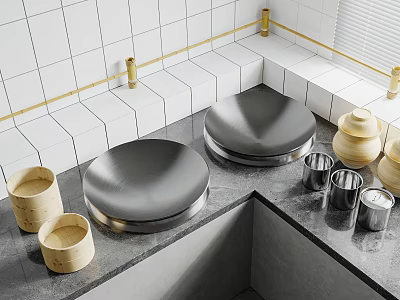 Modern Kitchen Interior Featuring Cabinets Gray Countertop Metal Lids Wooden Steamers And Golden Trim 3d model