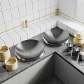 Modern Kitchen Interior Featuring Cabinets Gray Countertop Metal Lids Wooden Steamers And Golden Trim