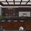 Chinese Style Office Interior Featuring Dark Wooden Furniture Fish Tank Tea Set And Green Plants