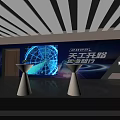 Event Entrance Stage Design with Blue Purple Lighting Theme Text and Company Logo