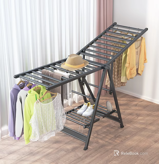 Foldable Clothes Drying Rack With Hanging Clothes Hat And Shoes On Wooden Floor 3d model 