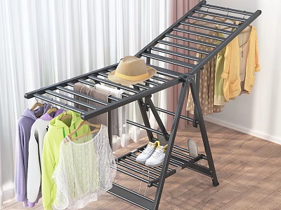 Foldable Clothes Drying Rack With Hanging Clothes Hat And Shoes On Wooden Floor 3d model