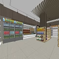 Modern Supermarket Interior With Curved Counter Shelves And Assorted Products